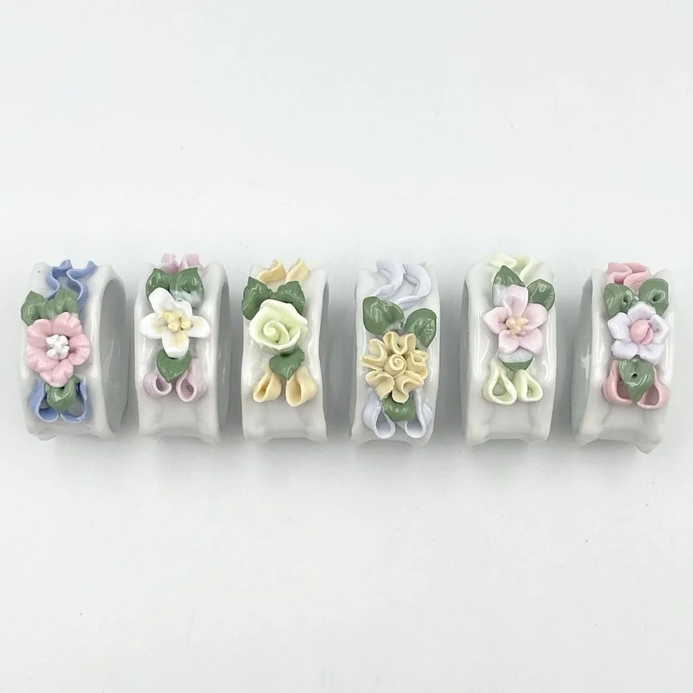 Vintage 1980s Porcelain Floral Napkin Rings Set of 6 Applied Flowers Pastel